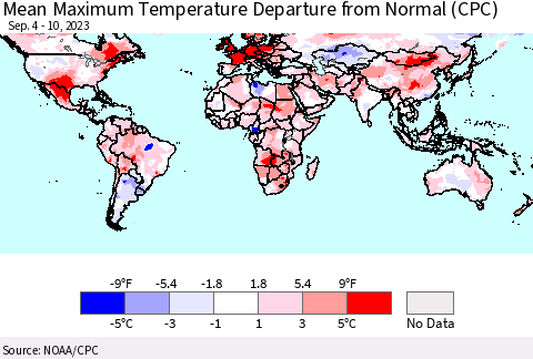 World Mean Maximum Temperature Departure from Normal (CPC) Thematic Map For 9/4/2023 - 9/10/2023