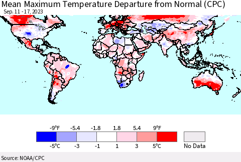 World Mean Maximum Temperature Departure from Normal (CPC) Thematic Map For 9/11/2023 - 9/17/2023
