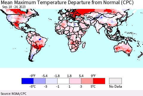 World Mean Maximum Temperature Departure from Normal (CPC) Thematic Map For 9/18/2023 - 9/24/2023