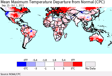 World Mean Maximum Temperature Departure from Normal (CPC) Thematic Map For 9/25/2023 - 10/1/2023