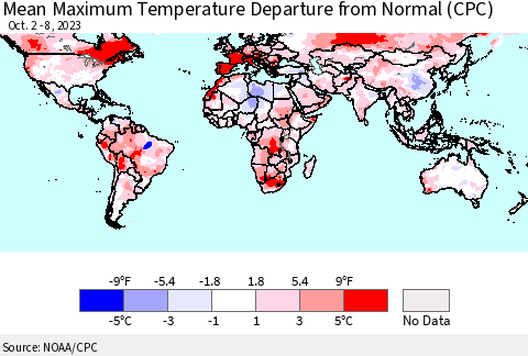 World Mean Maximum Temperature Departure from Normal (CPC) Thematic Map For 10/2/2023 - 10/8/2023