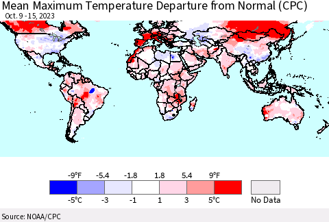 World Mean Maximum Temperature Departure from Normal (CPC) Thematic Map For 10/9/2023 - 10/15/2023
