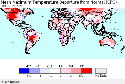 World Mean Maximum Temperature Departure from Normal (CPC) Thematic Map For 10/16/2023 - 10/22/2023