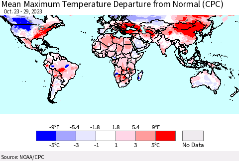 World Mean Maximum Temperature Departure from Normal (CPC) Thematic Map For 10/23/2023 - 10/29/2023