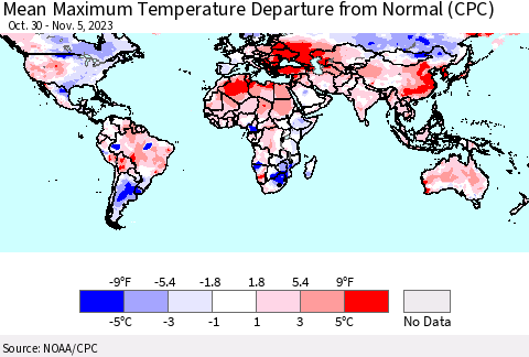 World Mean Maximum Temperature Departure from Normal (CPC) Thematic Map For 10/30/2023 - 11/5/2023