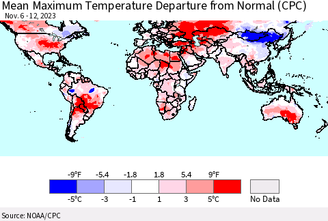 World Mean Maximum Temperature Departure from Normal (CPC) Thematic Map For 11/6/2023 - 11/12/2023