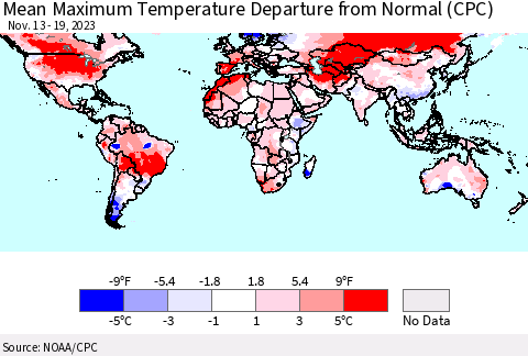 World Mean Maximum Temperature Departure from Normal (CPC) Thematic Map For 11/13/2023 - 11/19/2023