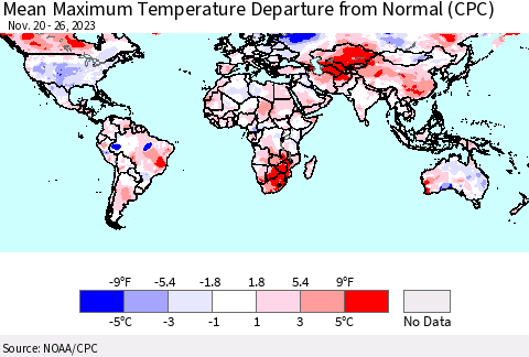 World Mean Maximum Temperature Departure from Normal (CPC) Thematic Map For 11/20/2023 - 11/26/2023