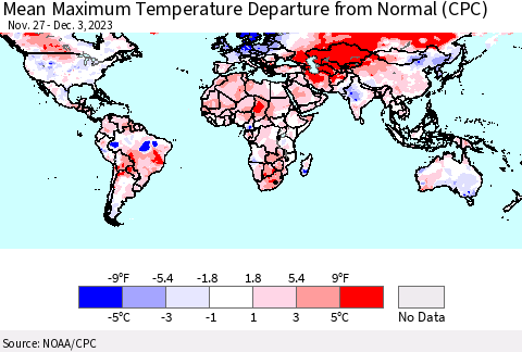 World Mean Maximum Temperature Departure from Normal (CPC) Thematic Map For 11/27/2023 - 12/3/2023