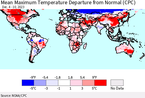 World Mean Maximum Temperature Departure from Normal (CPC) Thematic Map For 12/4/2023 - 12/10/2023