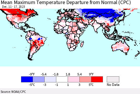 World Mean Maximum Temperature Departure from Normal (CPC) Thematic Map For 12/11/2023 - 12/17/2023
