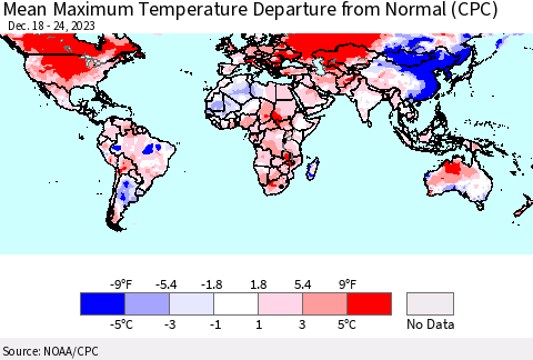 World Mean Maximum Temperature Departure from Normal (CPC) Thematic Map For 12/18/2023 - 12/24/2023