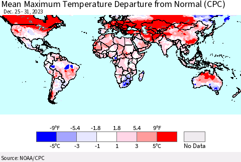 World Mean Maximum Temperature Departure from Normal (CPC) Thematic Map For 12/25/2023 - 12/31/2023