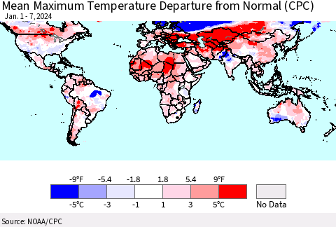 World Mean Maximum Temperature Departure from Normal (CPC) Thematic Map For 1/1/2024 - 1/7/2024