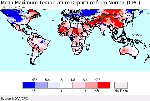 World Mean Maximum Temperature Departure from Normal (CPC) Thematic Map For 1/8/2024 - 1/14/2024