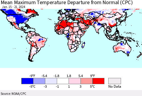 World Mean Maximum Temperature Departure from Normal (CPC) Thematic Map For 1/15/2024 - 1/21/2024