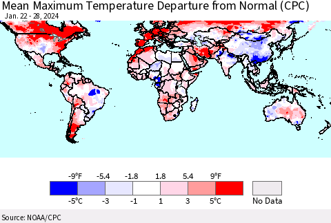 World Mean Maximum Temperature Departure from Normal (CPC) Thematic Map For 1/22/2024 - 1/28/2024