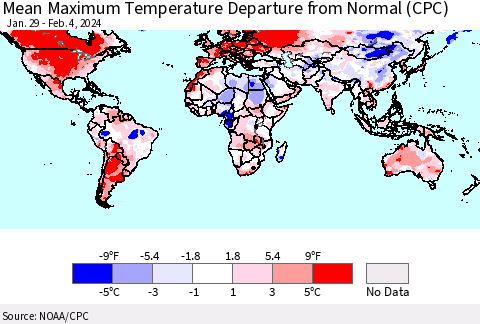 World Mean Maximum Temperature Departure from Normal (CPC) Thematic Map For 1/29/2024 - 2/4/2024