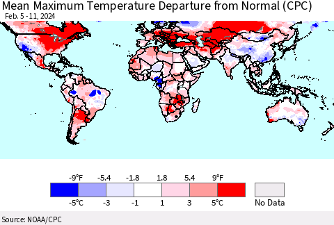 World Mean Maximum Temperature Departure from Normal (CPC) Thematic Map For 2/5/2024 - 2/11/2024