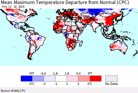World Mean Maximum Temperature Departure from Normal (CPC) Thematic Map For 2/12/2024 - 2/18/2024