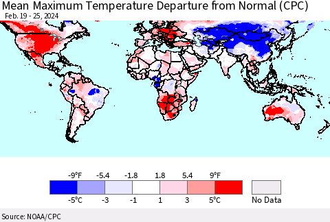 World Mean Maximum Temperature Departure from Normal (CPC) Thematic Map For 2/19/2024 - 2/25/2024