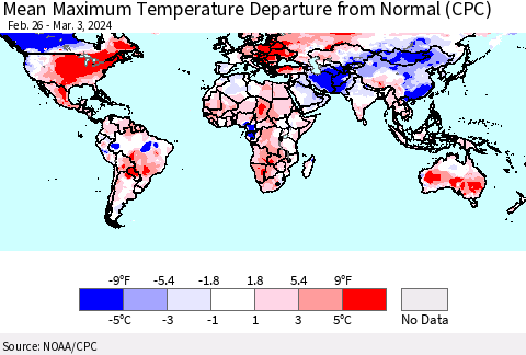 World Mean Maximum Temperature Departure from Normal (CPC) Thematic Map For 2/26/2024 - 3/3/2024