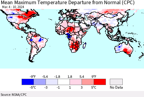 World Mean Maximum Temperature Departure from Normal (CPC) Thematic Map For 3/4/2024 - 3/10/2024