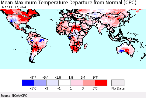 World Mean Maximum Temperature Departure from Normal (CPC) Thematic Map For 3/11/2024 - 3/17/2024