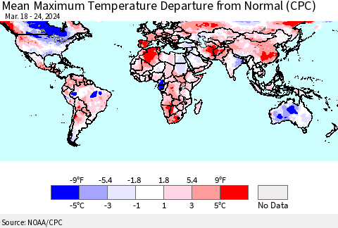 World Mean Maximum Temperature Departure from Normal (CPC) Thematic Map For 3/18/2024 - 3/24/2024