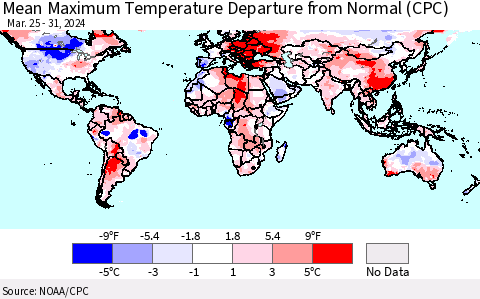 World Mean Maximum Temperature Departure from Normal (CPC) Thematic Map For 3/25/2024 - 3/31/2024