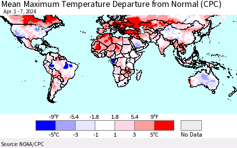 World Mean Maximum Temperature Departure from Normal (CPC) Thematic Map For 4/1/2024 - 4/7/2024