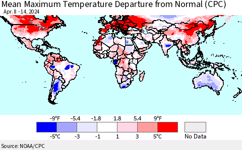 World Mean Maximum Temperature Departure from Normal (CPC) Thematic Map For 4/8/2024 - 4/14/2024