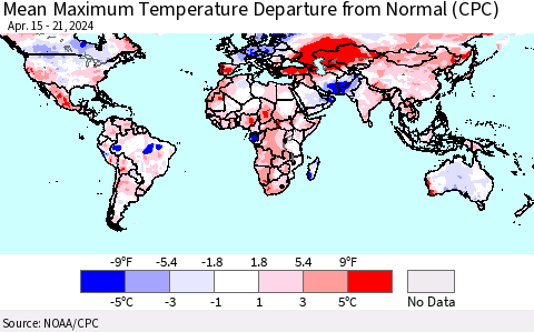 World Mean Maximum Temperature Departure from Normal (CPC) Thematic Map For 4/15/2024 - 4/21/2024