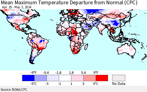 World Mean Maximum Temperature Departure from Normal (CPC) Thematic Map For 4/29/2024 - 5/5/2024