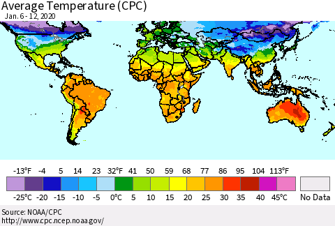World Average Temperature (CPC) Thematic Map For 1/6/2020 - 1/12/2020