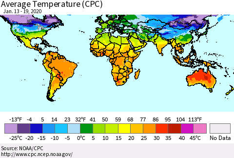 World Average Temperature (CPC) Thematic Map For 1/13/2020 - 1/19/2020