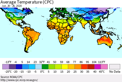 World Average Temperature (CPC) Thematic Map For 1/20/2020 - 1/26/2020