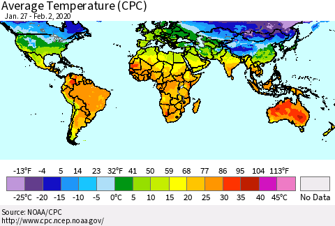World Average Temperature (CPC) Thematic Map For 1/27/2020 - 2/2/2020