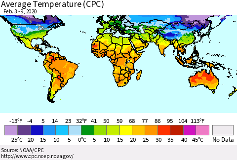World Average Temperature (CPC) Thematic Map For 2/3/2020 - 2/9/2020