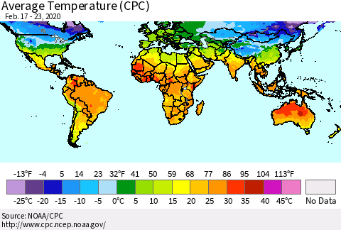 World Average Temperature (CPC) Thematic Map For 2/17/2020 - 2/23/2020