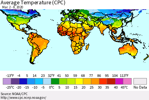 World Average Temperature (CPC) Thematic Map For 3/2/2020 - 3/8/2020
