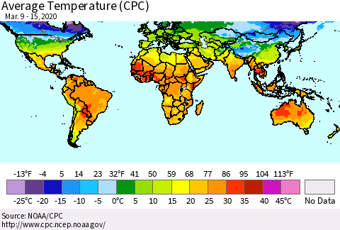 World Average Temperature (CPC) Thematic Map For 3/9/2020 - 3/15/2020
