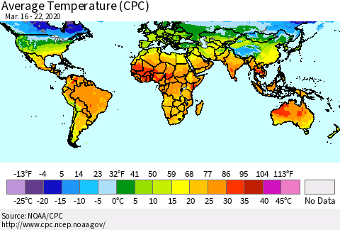 World Average Temperature (CPC) Thematic Map For 3/16/2020 - 3/22/2020