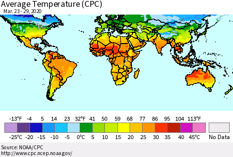 World Average Temperature (CPC) Thematic Map For 3/23/2020 - 3/29/2020