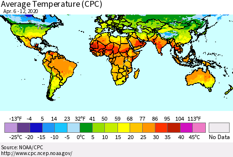 World Average Temperature (CPC) Thematic Map For 4/6/2020 - 4/12/2020
