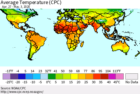 World Average Temperature (CPC) Thematic Map For 4/27/2020 - 5/3/2020