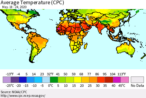 World Average Temperature (CPC) Thematic Map For 5/18/2020 - 5/24/2020