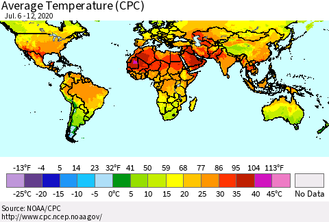 World Average Temperature (CPC) Thematic Map For 7/6/2020 - 7/12/2020