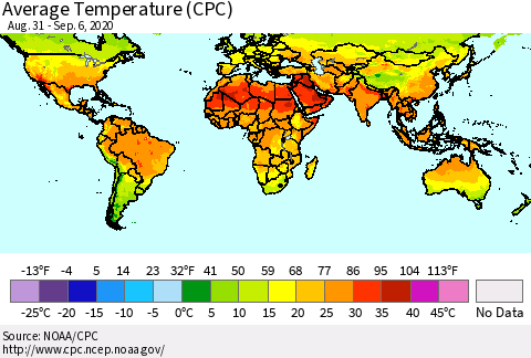 World Average Temperature (CPC) Thematic Map For 8/31/2020 - 9/6/2020