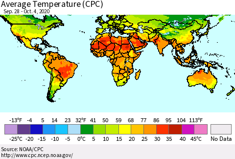 World Average Temperature (CPC) Thematic Map For 9/28/2020 - 10/4/2020